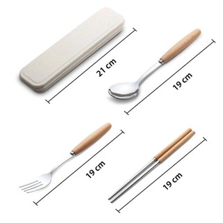 Bộ muỗng đũa thìa inox cán gỗ kèm hộp đựng màu pastel xinh xắn