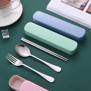 Bộ muỗng đũa thìa inox cán gỗ kèm hộp đựng màu pastel xinh xắn