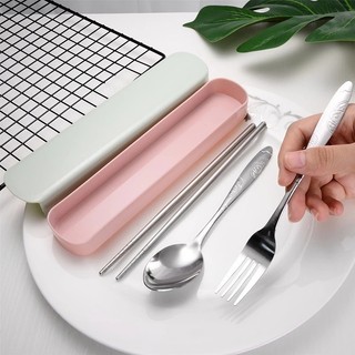 Bộ muỗng đũa thìa inox cán gỗ kèm hộp đựng màu pastel xinh xắn