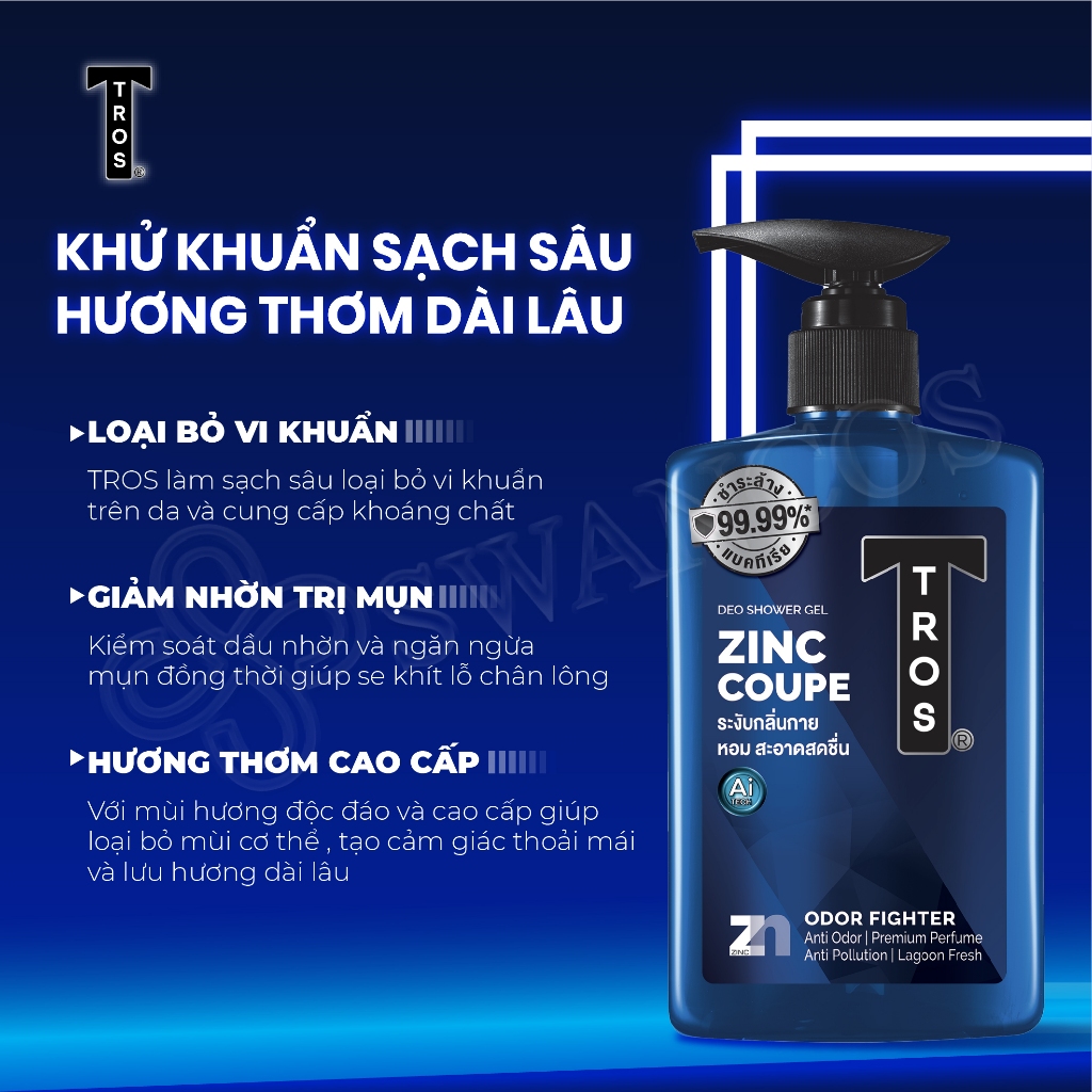 Sữa Tắm Nam TROS ZINC COUPE Thái Lan, Kiểm Soát Nhờn, Ngăn Mụn, Dưỡng Ẩm Sâu 450ml