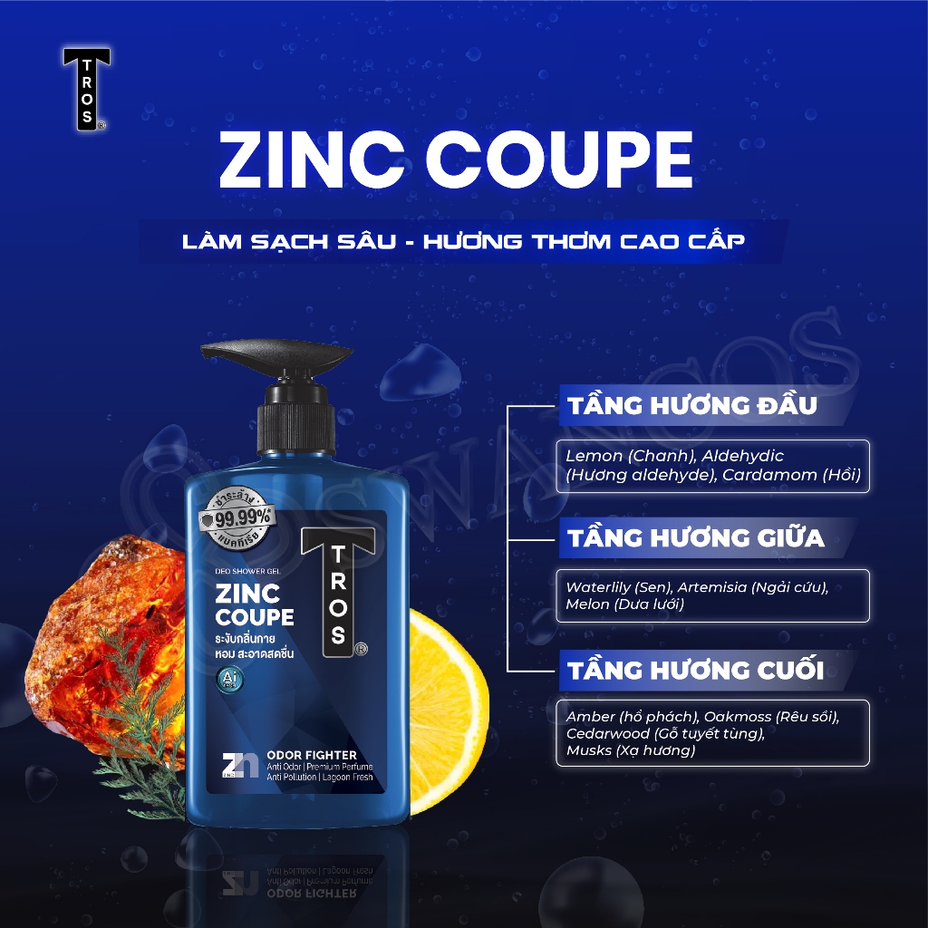 Sữa Tắm Nam TROS ZINC COUPE Thái Lan, Kiểm Soát Nhờn, Ngăn Mụn, Dưỡng Ẩm Sâu 450ml