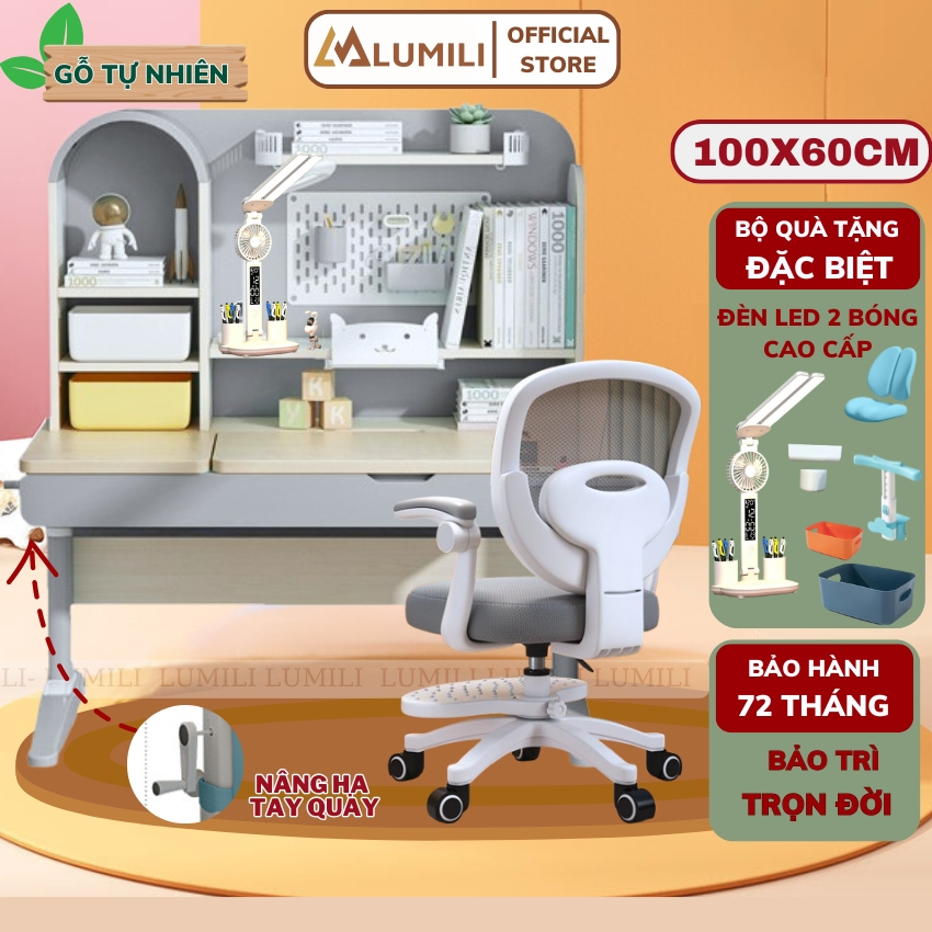 Bàn học chồng gù cao cấp gỗ tự nhiên Lumili S4 size lớn 100cm, nâng hạ độ cao điều chỉnh nghiêng dễ dàng, ngừa cận thị