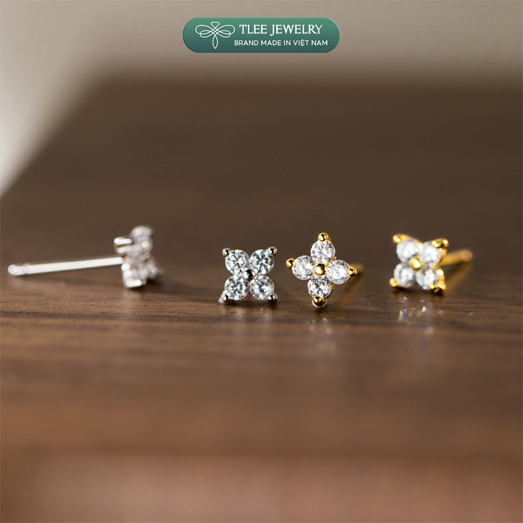 Khuyên tai bạc nữ TLEE nhí hoa đá bốn cánh nhỏ nhắn TLEE JEWELRY B0152