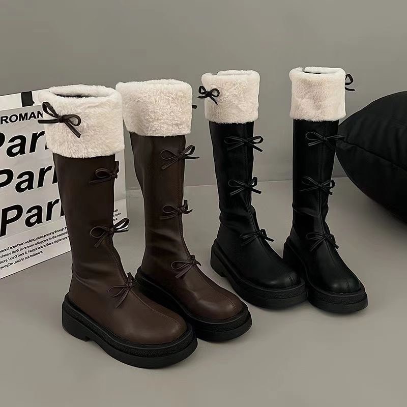 (Sẵn nâu 38 đen 37,40) Giày Boots Cao Nơ Đến Đầu Gối Phối Bông Thời Trang Ulzzang