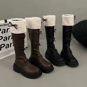 Giày Boots Cao Nơ Đến Đầu Gối Phối Bông Thời Trang Ulzzang