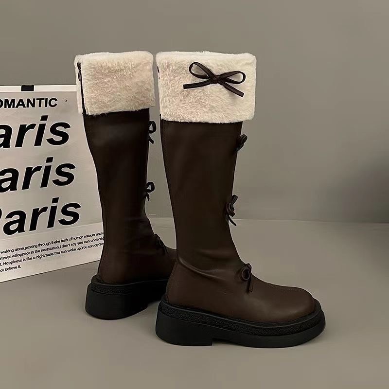 (Sẵn nâu 38 đen 37,40) Giày Boots Cao Nơ Đến Đầu Gối Phối Bông Thời Trang Ulzzang
