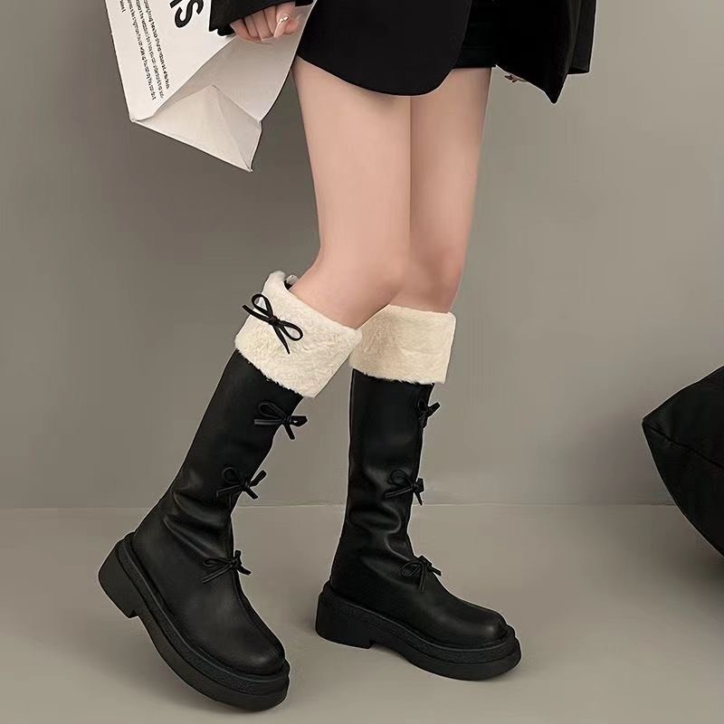 (Sẵn nâu 38 đen 37,40) Giày Boots Cao Nơ Đến Đầu Gối Phối Bông Thời Trang Ulzzang