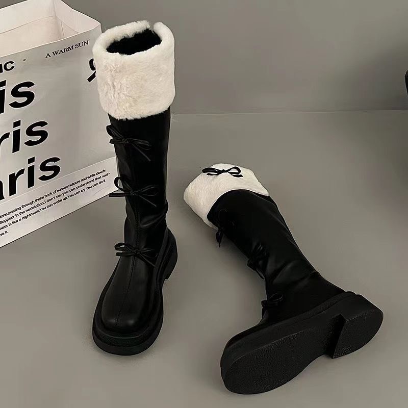 (Sẵn nâu 38 đen 37,40) Giày Boots Cao Nơ Đến Đầu Gối Phối Bông Thời Trang Ulzzang