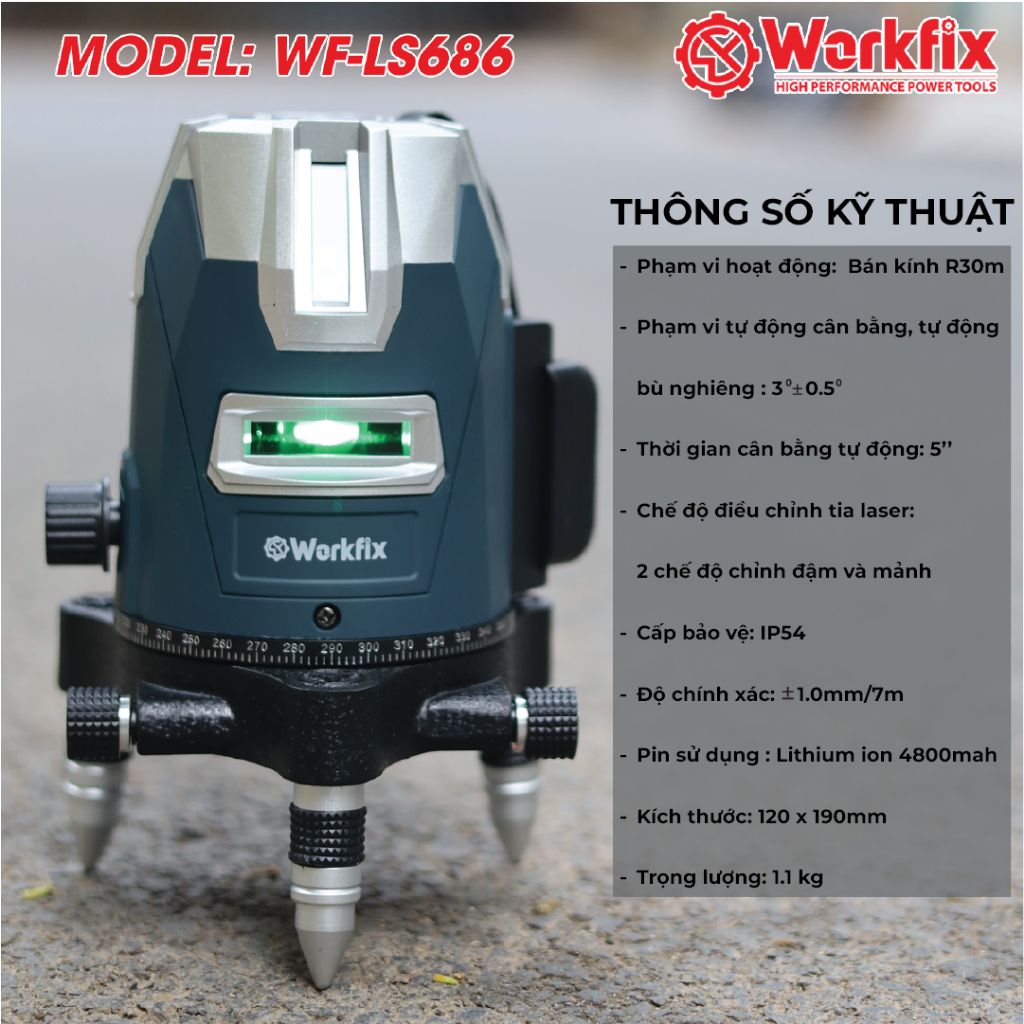 [TẶNG PHỤ KIỆN] Máy Bắn Cốt, Cân Bằng Laser Workfix WF-LS686PRO 5 Tia Xanh, Xoay 360°, Kèm Chân 1m3