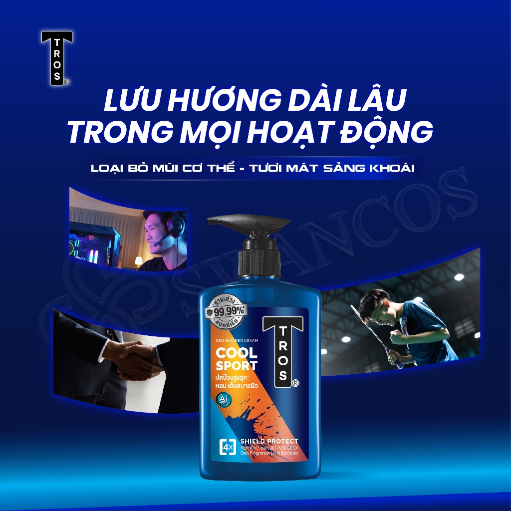 Sữa Tắm Nam TROS COOL SPORT Thái Lan Hương Nước Hoa Thể Thao, Sạch Sâu, Kháng Khuẩn 450ml