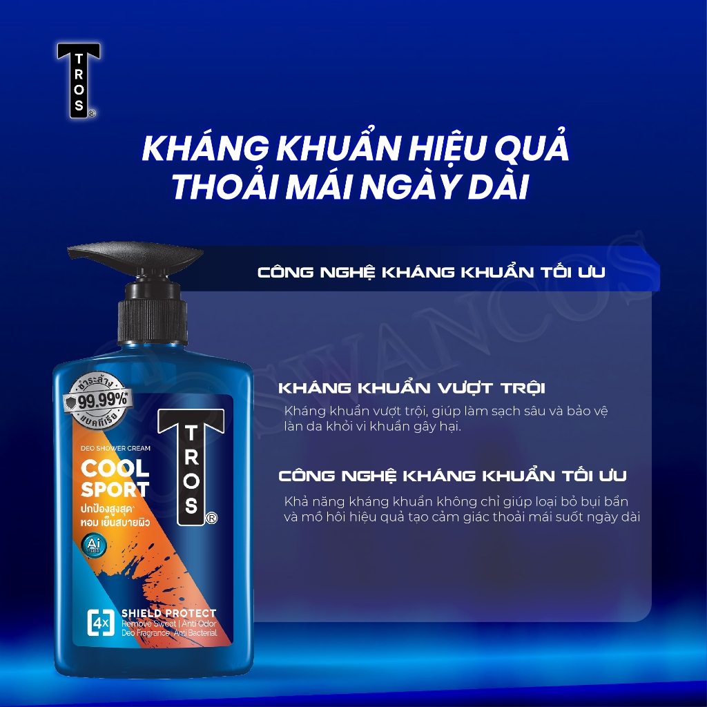 Sữa Tắm Nam TROS COOL SPORT Thái Lan Hương Nước Hoa Thể Thao, Sạch Sâu, Kháng Khuẩn 450ml