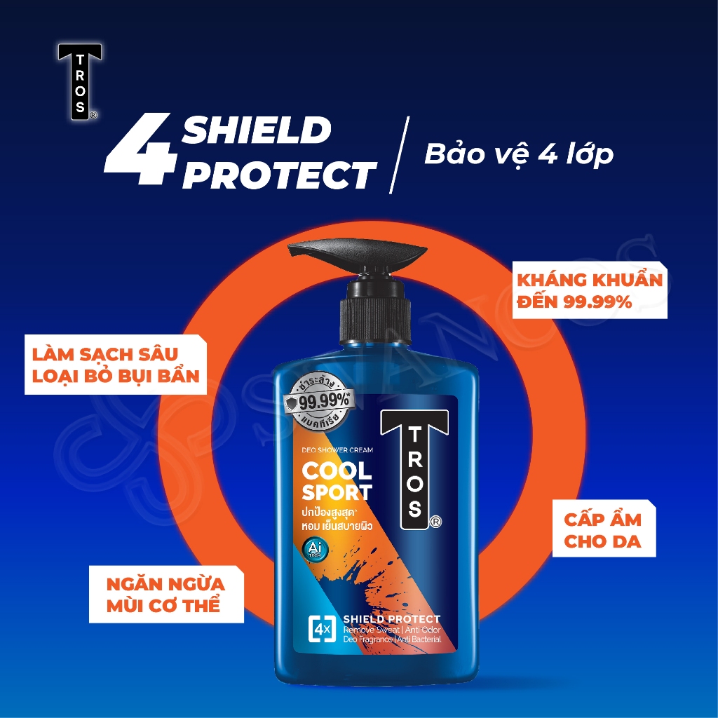 Sữa Tắm Nam TROS COOL SPORT Thái Lan Hương Nước Hoa Thể Thao, Sạch Sâu, Kháng Khuẩn 450ml