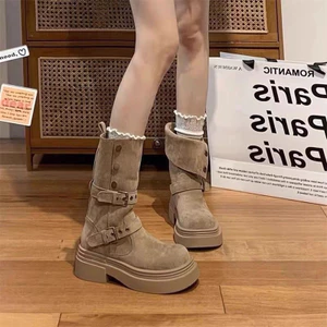 Giày Boots Nữ Da Lộn Đi Được 2 Kiểu Cúc Đính Phong Cách Ulzzang