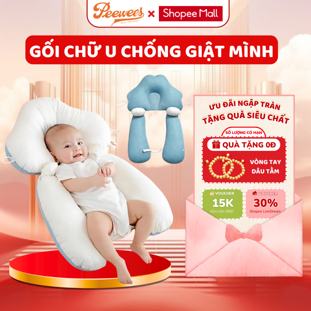 Gối chữ U cho bé sơ sinh PeeWees, chống giật mình chống méo đầu, có dây rút điều chỉnh 3 đầu giúp bé sơ sinh ngủ ngon