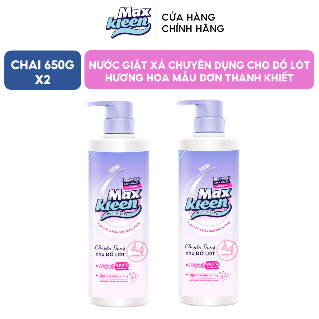 Ảnh Combo 2 Chai nước Giặt Xả MaxKleen chuyên dụng cho đồ lót Hương hoa mẫu đơn thanh khiết (650g/Chai) Mới 1