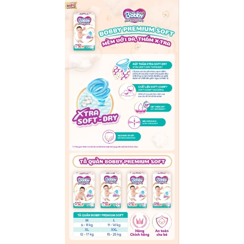 Tã Quần Bobby Premium Soft M60, L56, XL52, XXL48 miếng (cộng miếng tùy đợt)