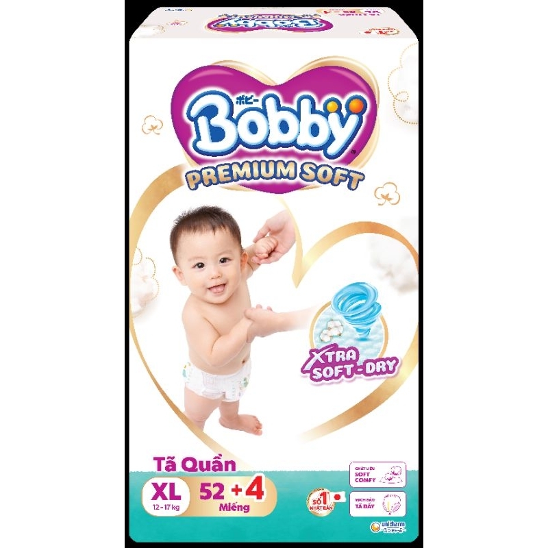 Tã Quần Bobby Premium Soft M60, L56, XL52, XXL48 miếng (cộng miếng tùy đợt)