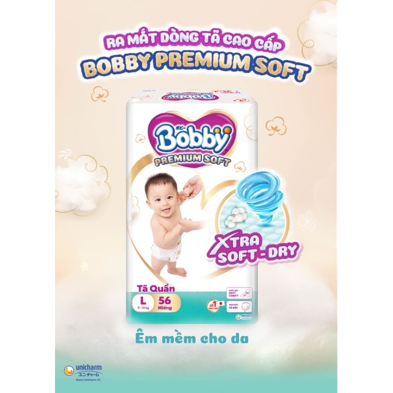 Tã Quần Bobby Premium Soft M60, L56, XL52, XXL48 miếng (cộng miếng tùy đợt)
