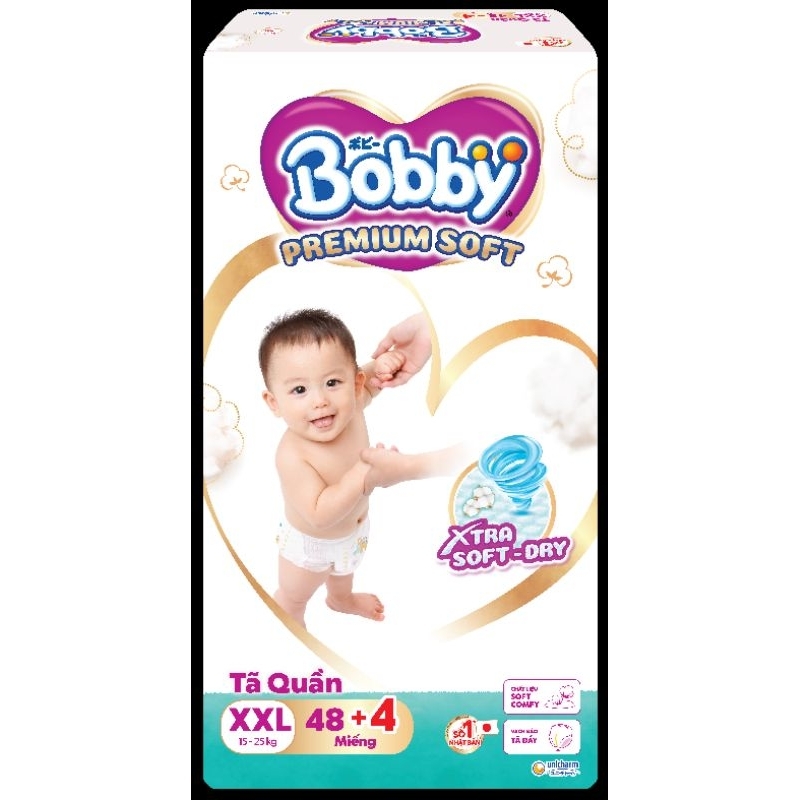 Tã Quần Bobby Premium Soft M60, L56, XL52, XXL48 miếng (cộng miếng tùy đợt)
