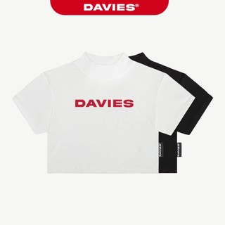 Áo croptop cổ cao tay ngắn in chữ DAVIES trước ngực màu đen, trắng thun cotton ôm sát nữ High Neck Original | D-T17