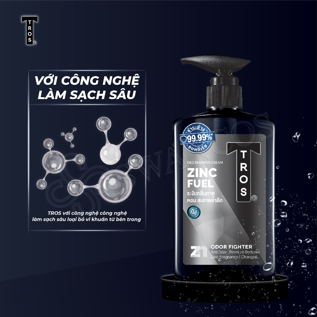 Sữa Tắm Nam TROS ZINC FUEL Thái Lan, Kháng Khuẩn, Sạch Sâu Lỗ Chân Lông, Ngăn Mụn 450ml