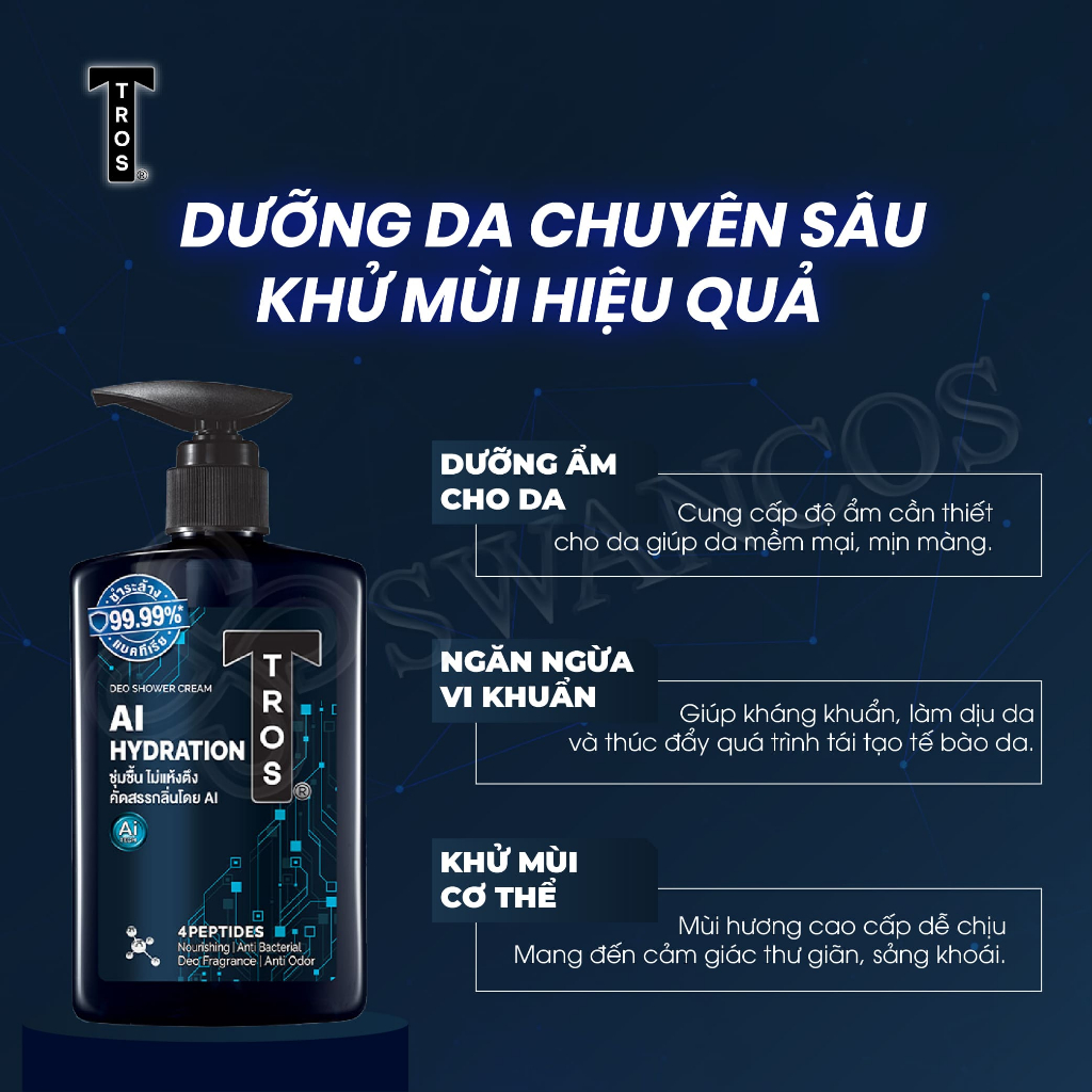 Sữa Tắm Nam TROS AI HYDRATION Thái Lan Chứa Peptide Dưỡng Ẩm Tối Ưu, Hương Thơm Nam Tính 450ml