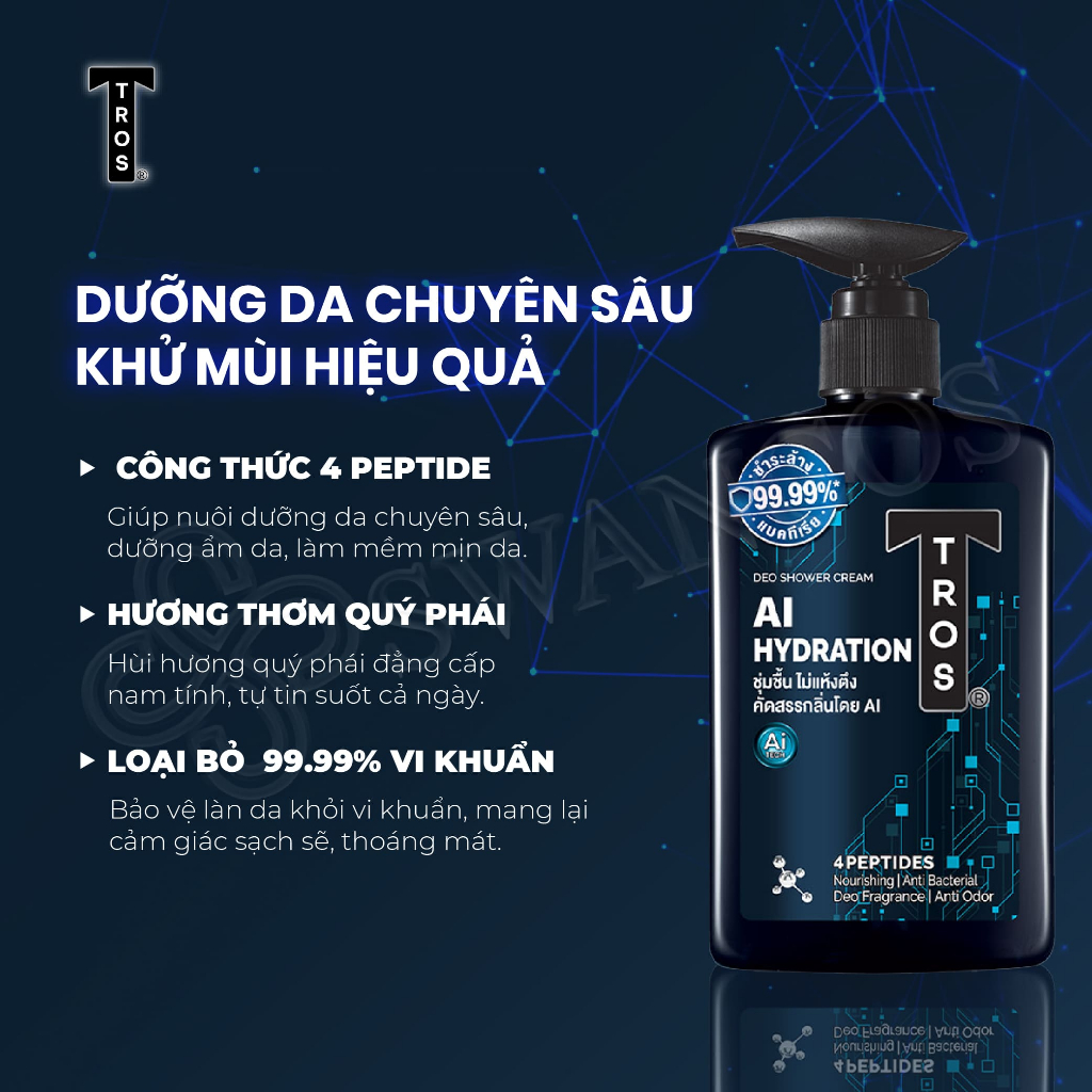 Sữa Tắm Nam TROS AI HYDRATION Thái Lan Chứa Peptide Dưỡng Ẩm Tối Ưu, Hương Thơm Nam Tính 450ml