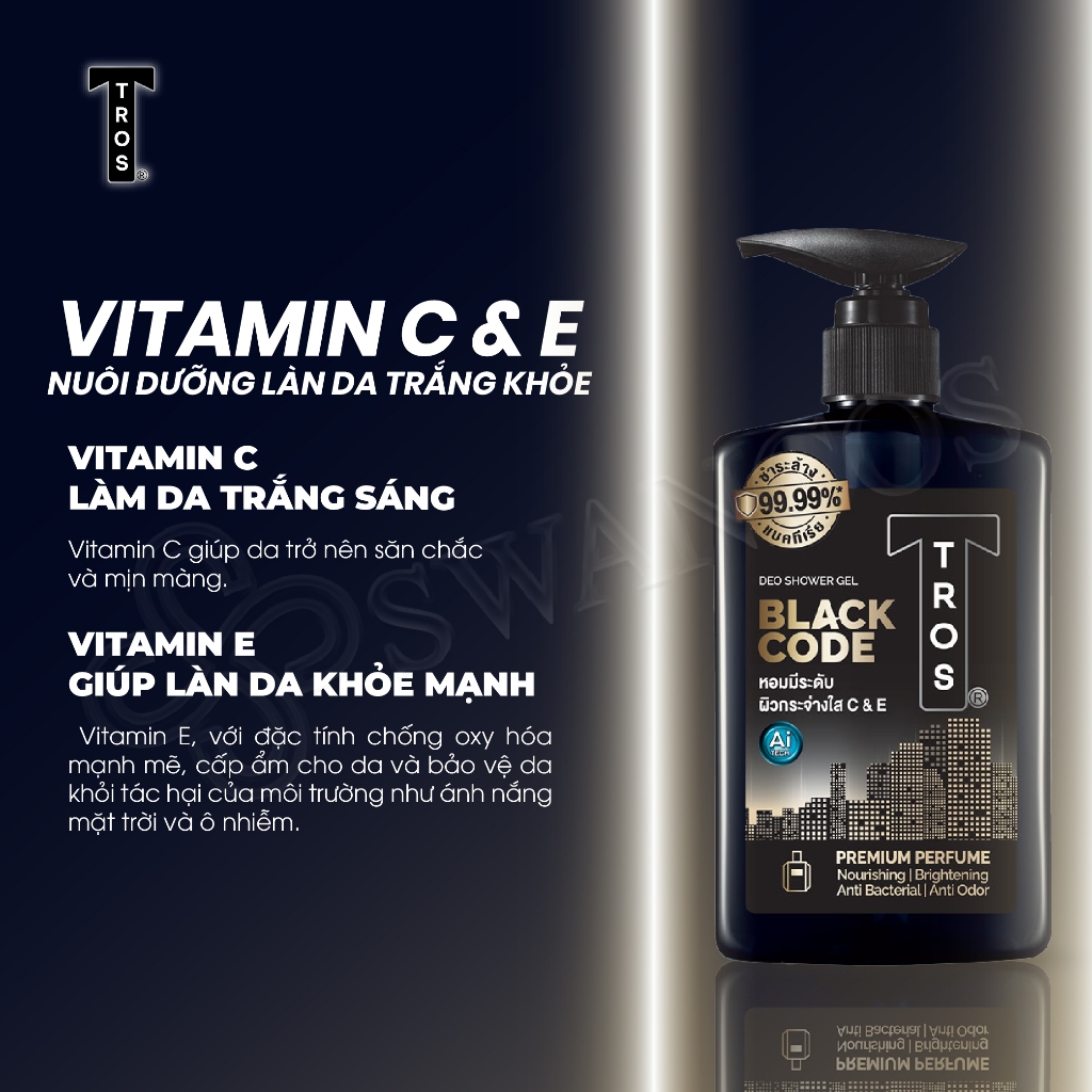 Sữa Tắm Nam TROS BLACK CODE Thái Lan, Hương Nước Hoa Sang Trọng, Dưỡng Ẩm Sáng Da Ngăn Mùi Diệt Khuẩn 450ml