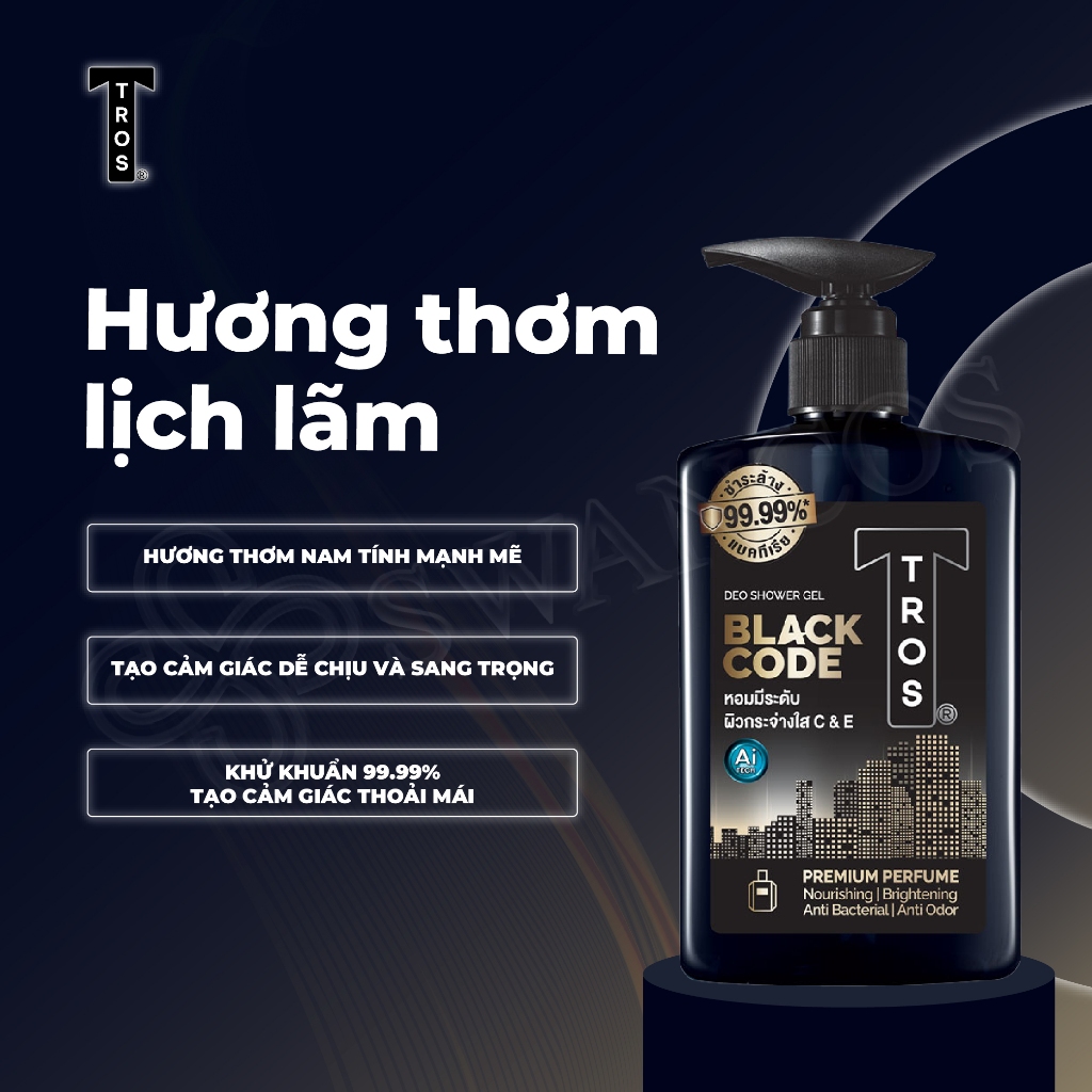 Sữa Tắm Nam TROS BLACK CODE Thái Lan, Hương Nước Hoa Sang Trọng, Dưỡng Ẩm Sáng Da Ngăn Mùi Diệt Khuẩn 450ml