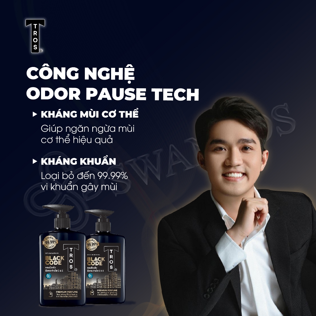Sữa Tắm Nam TROS BLACK CODE Thái Lan, Hương Nước Hoa Sang Trọng, Dưỡng Ẩm Sáng Da Ngăn Mùi Diệt Khuẩn 450ml