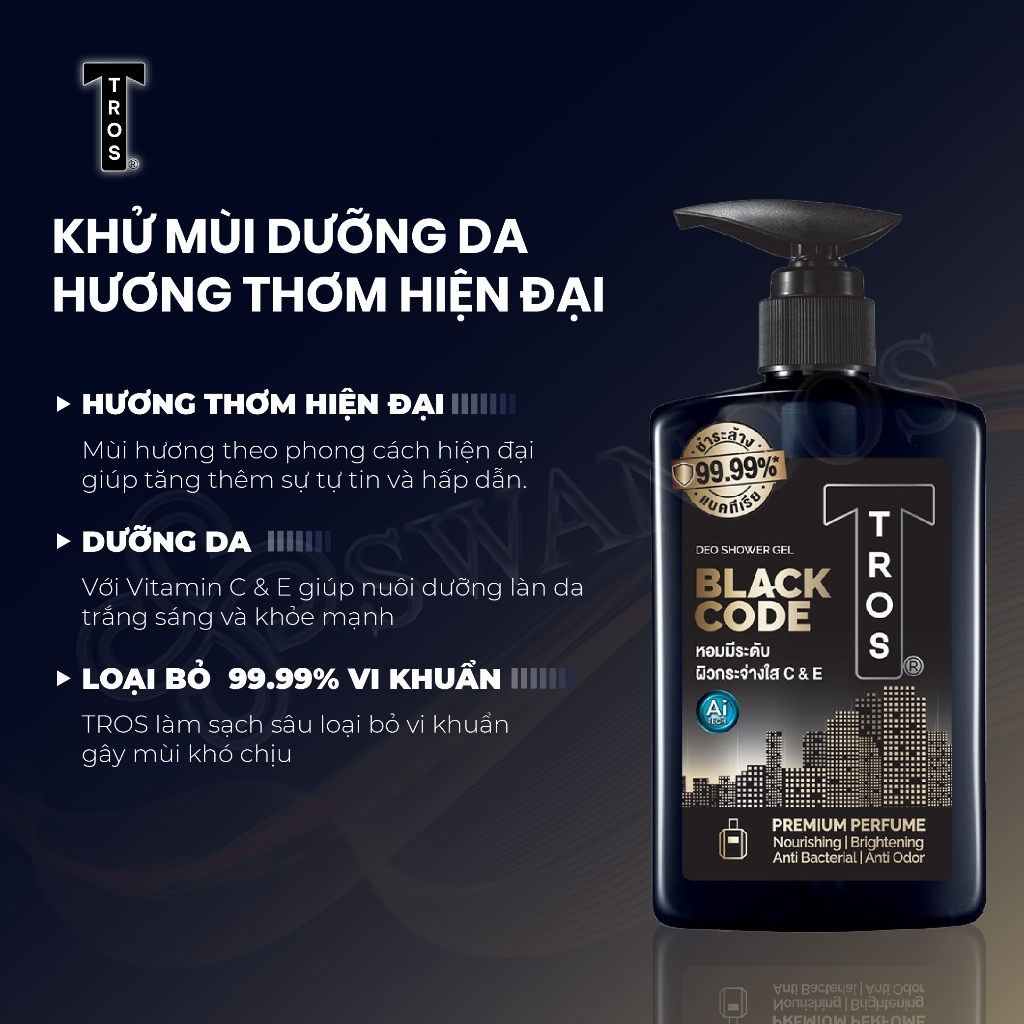 Sữa Tắm Nam TROS BLACK CODE Thái Lan, Hương Nước Hoa Sang Trọng, Dưỡng Ẩm Sáng Da Ngăn Mùi Diệt Khuẩn 450ml