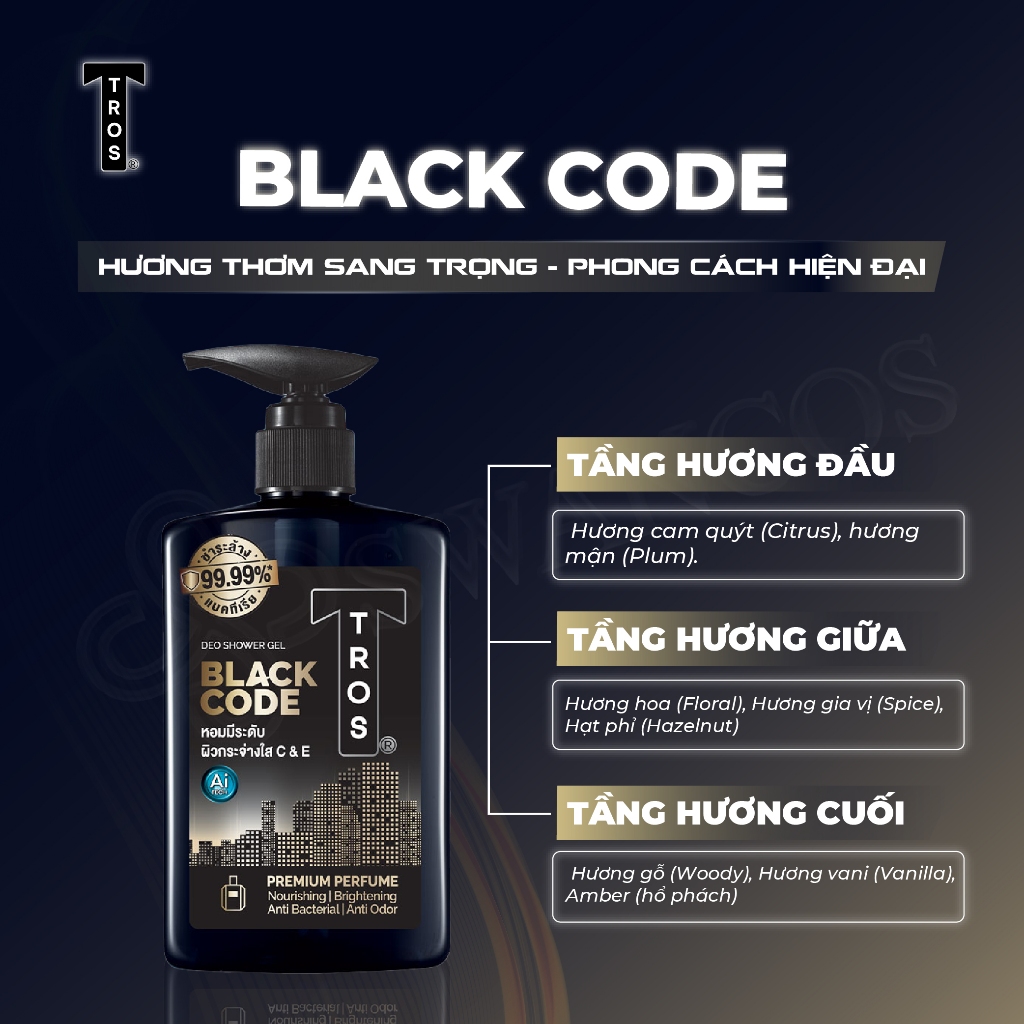 Sữa Tắm Nam TROS BLACK CODE Thái Lan, Hương Nước Hoa Sang Trọng, Dưỡng Ẩm Sáng Da Ngăn Mùi Diệt Khuẩn 450ml
