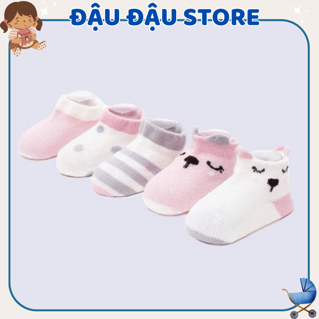 SET 5 ĐỔI TẤT MÈO LƯỚI Sơ Sinh CỔ THẤP cotton ấm áp thoáng khí mẫu mã dễ thương cho bé từ 0 - 12 tháng Đậu Đậu Store
