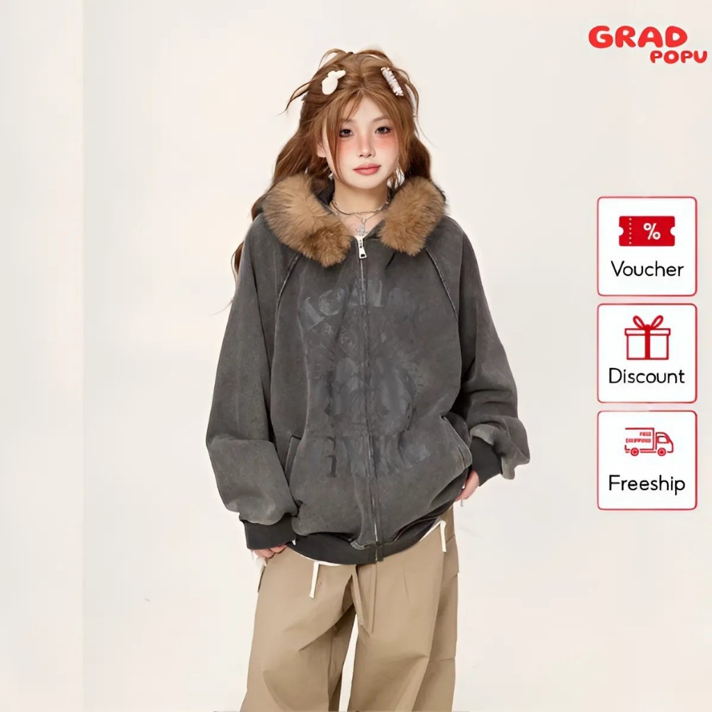 Áo khoác nữ mùa đông GRADPOPU PAK51 thiết kế cổ lông ấm áp có mũ trùm đầu phong cách Retro