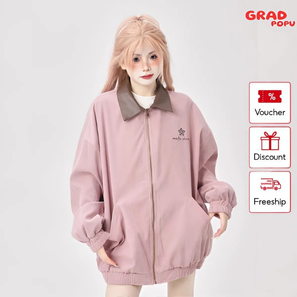 Áo khoác bomber nữ GRADPOPU PAK43 cổ bẻ bo chun phối màu basic dáng rộng chất nỉ dày dặn thu đông