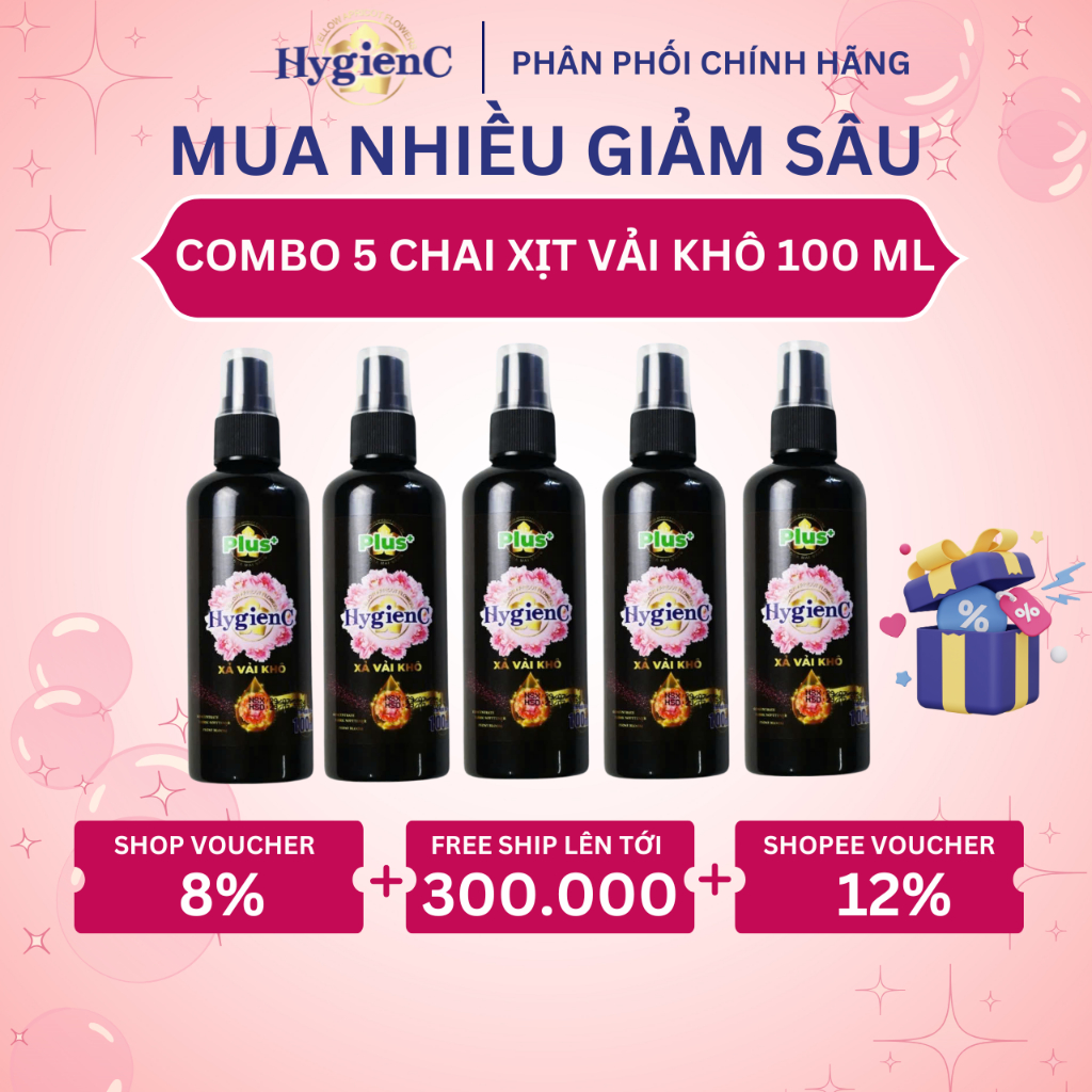 Ảnh Combo 5 Chai Xịt Xả Vải Dạng Khô HygienC Plus 100ML - Xịt Thơm Quần Áo Lưu Hương Tới 24H 1