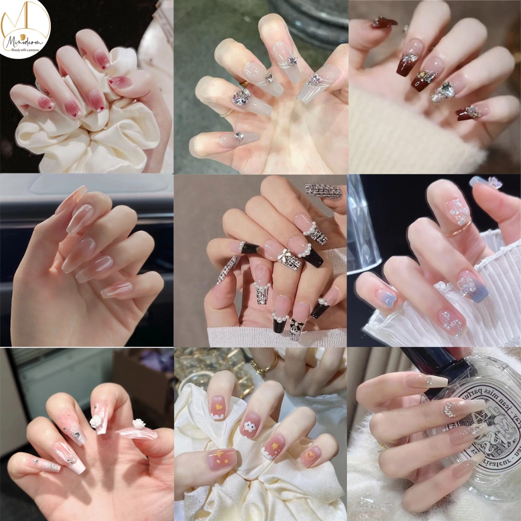 Ảnh Móng tay giả Minoderm Nail box kèm keo gắn, dáng ngắn, dài, thiết kế trơn, đính đá sang trọng 1