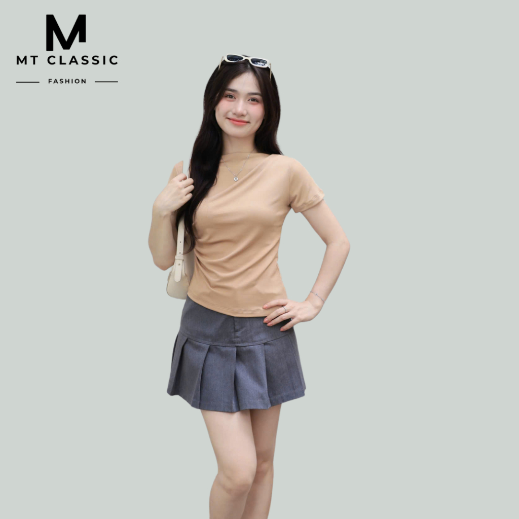 (Hỏa tốc HCM) Áo thun cổ thuyền, áo kiểu lệch vai dún eo và vạt áo xéo, chất thun mềm mịn, form chuẩn - Mt classic