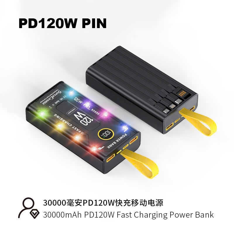 Sạc Dự Phòng 30000mAh Với 2 Cổng Sạc Nhanh 22.5w và PD 20W Kèm 4 Đầu Sạc Màn Hình LED RGB PKMALL