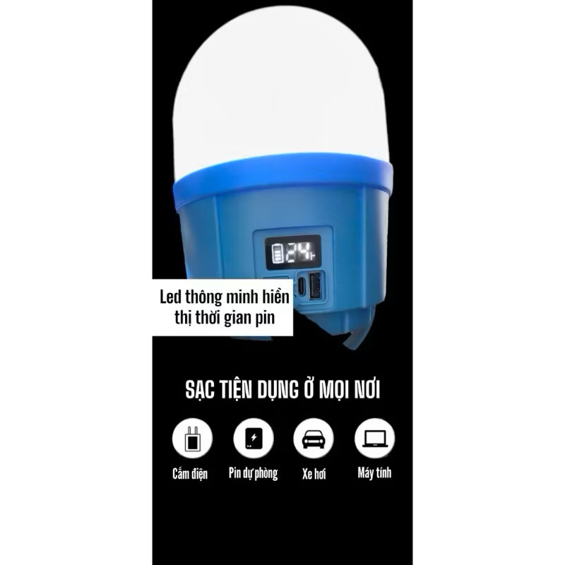 Đèn Treo Tích Điện 200-600-800W Pin Trâu Đa Năng Kháng Nước, Tặng Cáp Sạc, Nhỏ Nhẹ Gọn Màn Hình Led Thông Minh