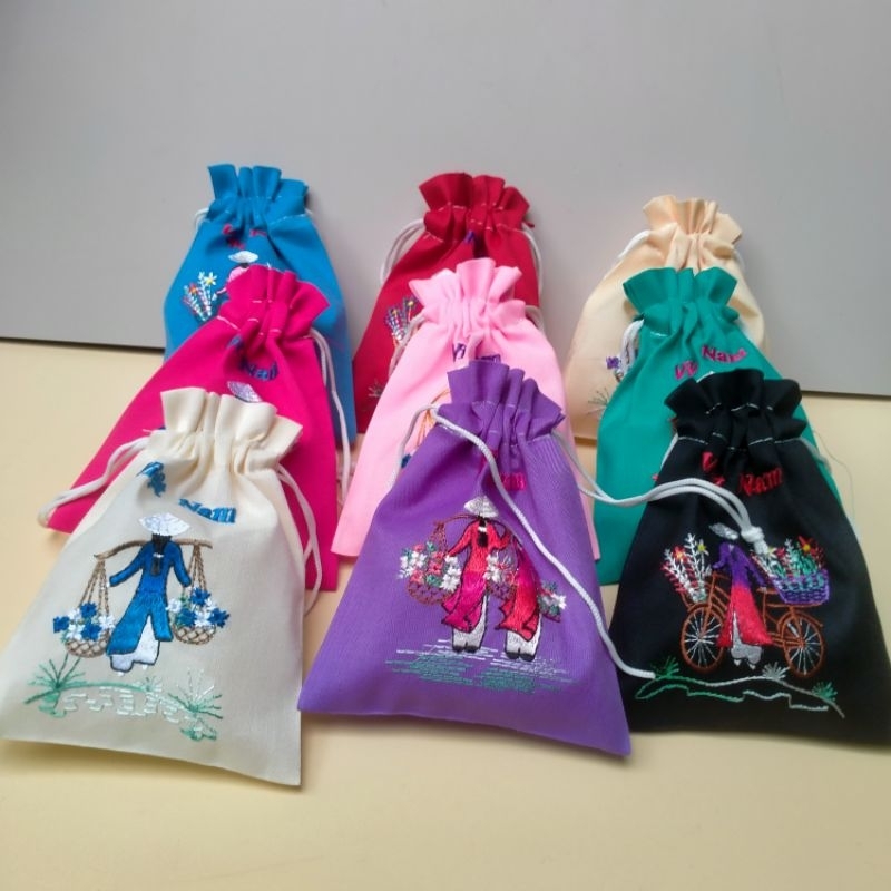 Túi vải cotton dây rút thêu hoa nhỏ xinh, hình Việt Nam đựng cà phê ...
