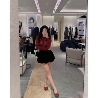 Set Bộ Áo Len Lưới Đỏ Lót Trong Màu Da Siêu Sang Mix Chân Váy Nhung Bí Phồng Cao Cấp Freesize