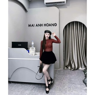 Set Bộ Áo Len Lưới Đỏ Lót Trong Màu Da Siêu Sang Mix Chân Váy Nhung Bí Phồng Cao Cấp Freesize