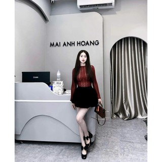 Set Bộ Áo Len Lưới Đỏ Lót Trong Màu Da Siêu Sang Mix Chân Váy Nhung Bí Phồng Cao Cấp Freesize