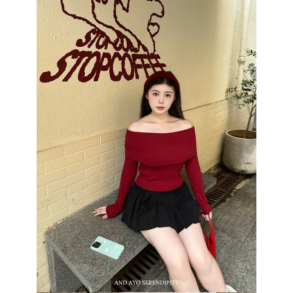 [CÓ SIZE] Áo Trễ Vai Dài Tay Đỏ Noel RANSHI Thiết Kế Basic Form Vừa Ôm Dáng Tôn Body Dễ Phối Chất Tăm Thái - RA198