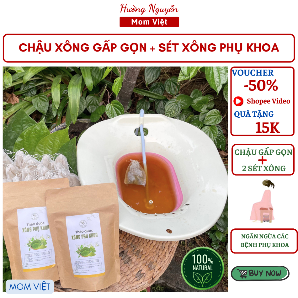 COMBO CHẬU XÔNG GẤP GỌN + 2 SET BỘT TRẦU XÔNG VÙNG KÍN 20 LẦN XÔNG ( CÓ CHE TÊN SP)
