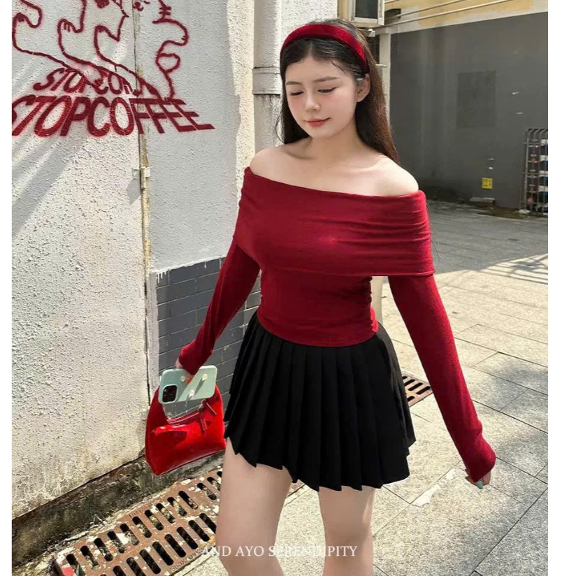 [CÓ SIZE] Áo Trễ Vai Dài Tay Đỏ Noel RANSHI Thiết Kế Basic Form Vừa Ôm Dáng Tôn Body Dễ Phối Chất Tăm Thái - RA198