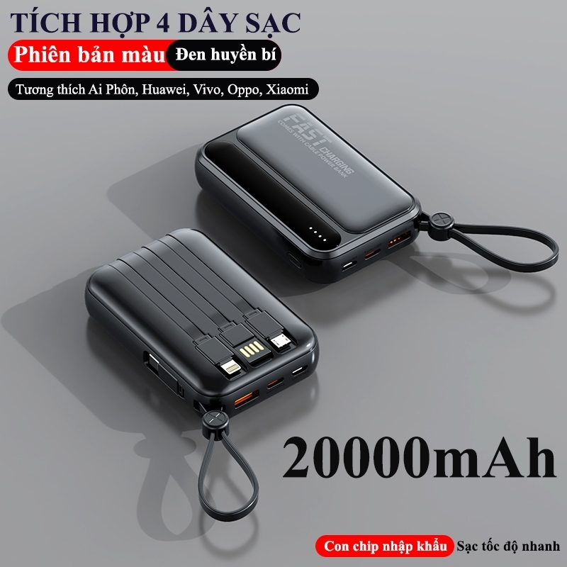 Sạc dự phòng 20000mah sạc pin mini dung lượng lớn có sẵn nhiều dây sạc r08