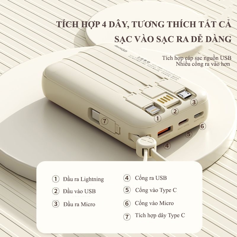Sạc dự phòng 20000mah sạc pin mini dung lượng lớn có sẵn nhiều dây sạc r08