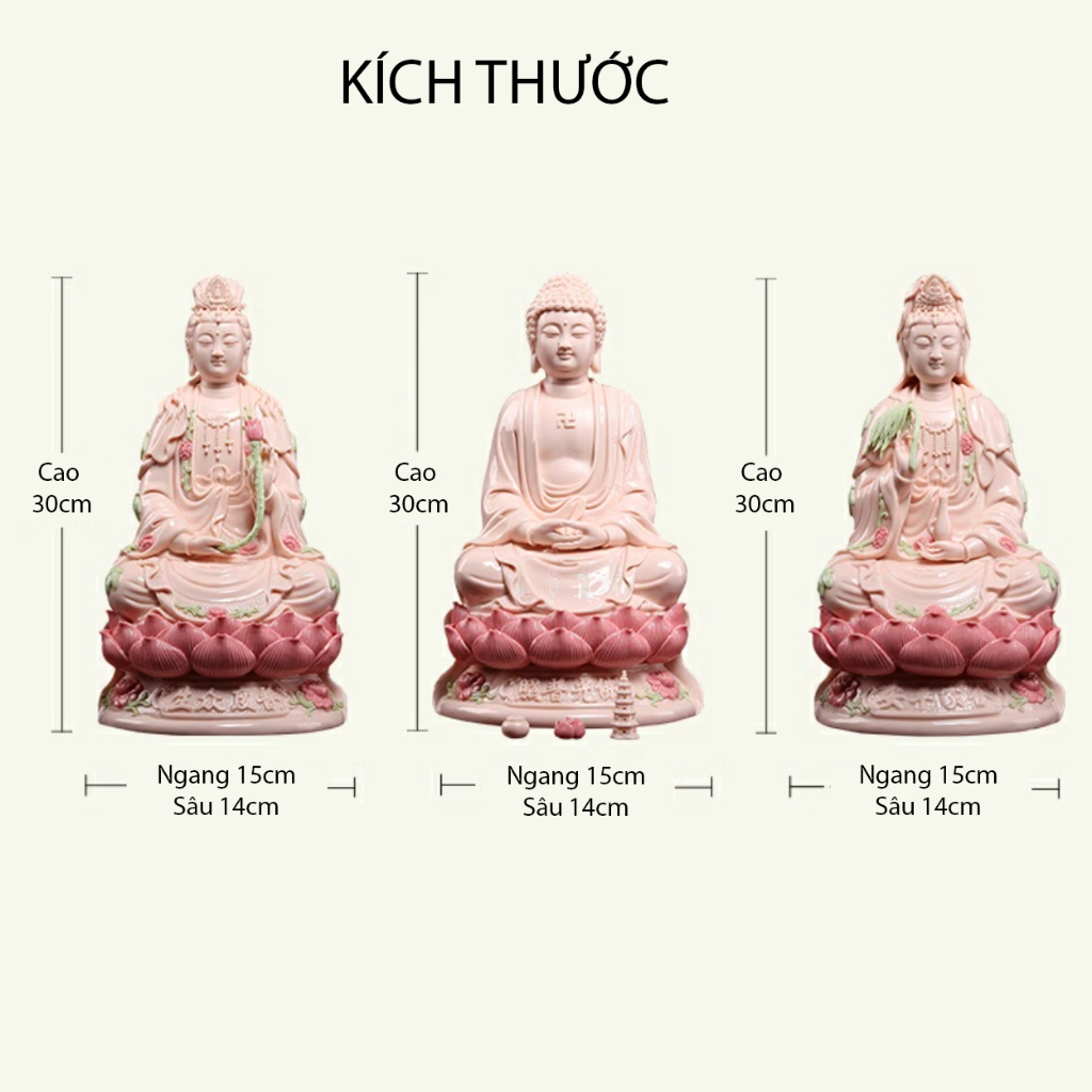 Bộ Tượng Tam Thánh Gốm Sứ Men Hồng Cao Cấp, Tượng Quan Thế Âm Bồ Tát, Tượng Phật A Di Đà, Tượng Đại Thế Chí